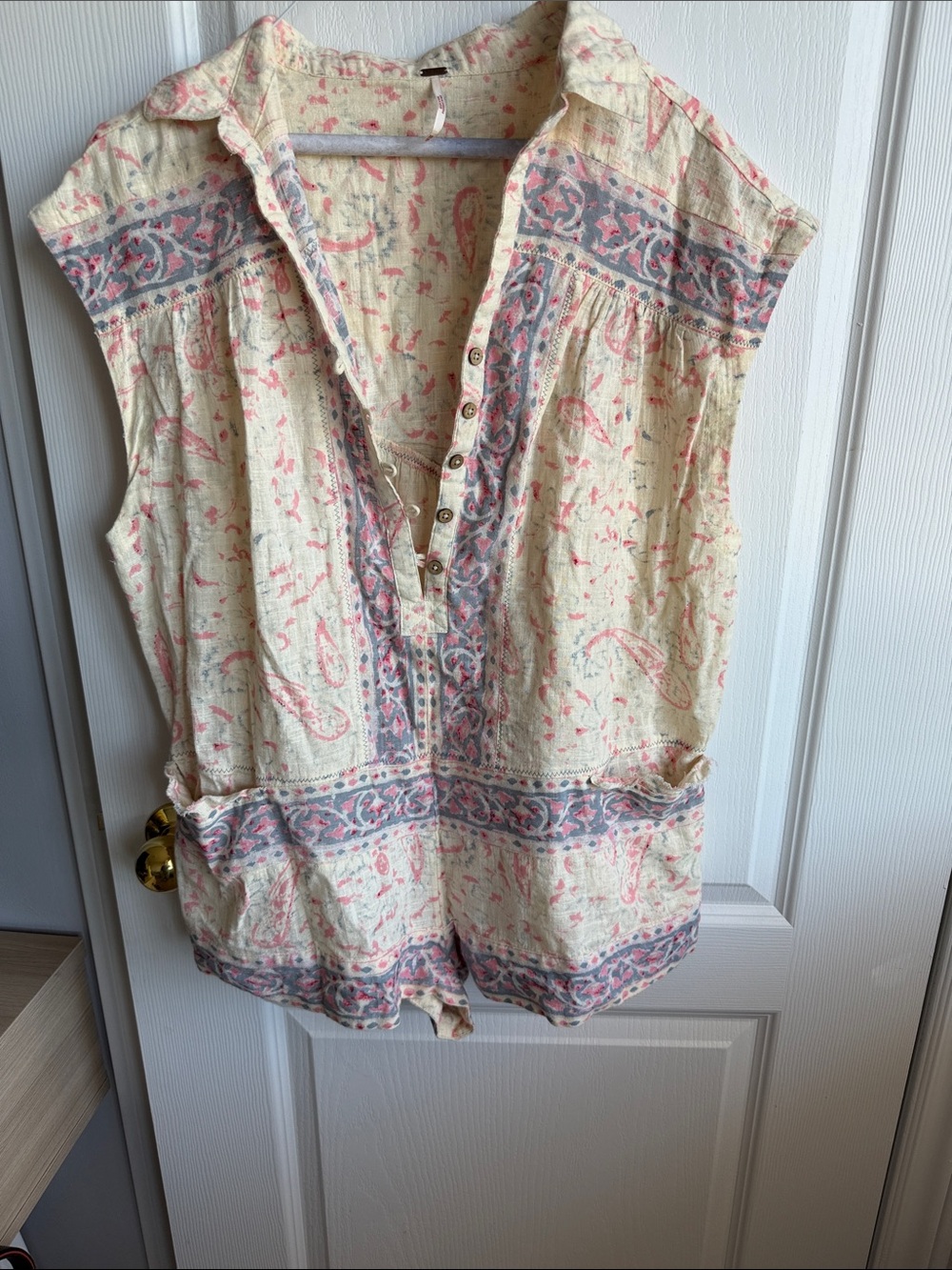 Free People Cream Paisley Sleeveless Romper with Pink & Blue Trim